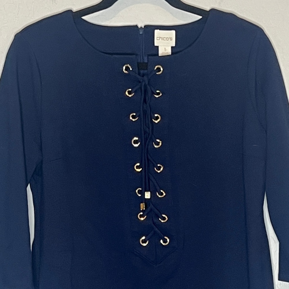 Chico's Navy Lace-Up Long Sleeve Sheath Dress size 1 / US 8